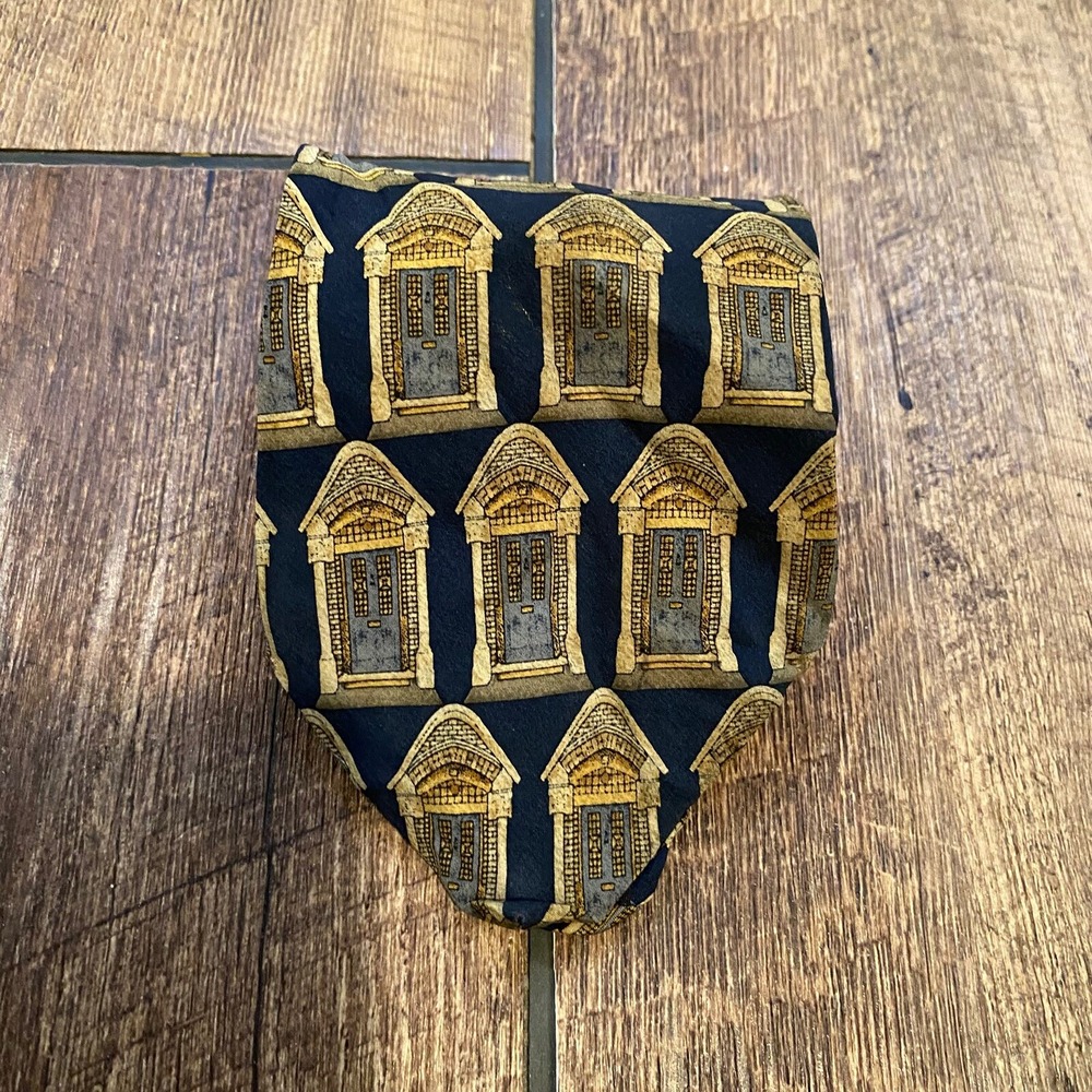 UNICEF Men Silk Necktie Black & Gold British Victorian Door Gothic Style C.1837
